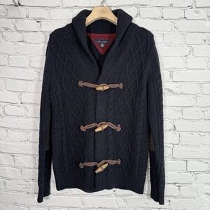 Tommy Hilfiger Cable Knit Toggle Sweater Mens M Lambswool Midnight Shawl Collar